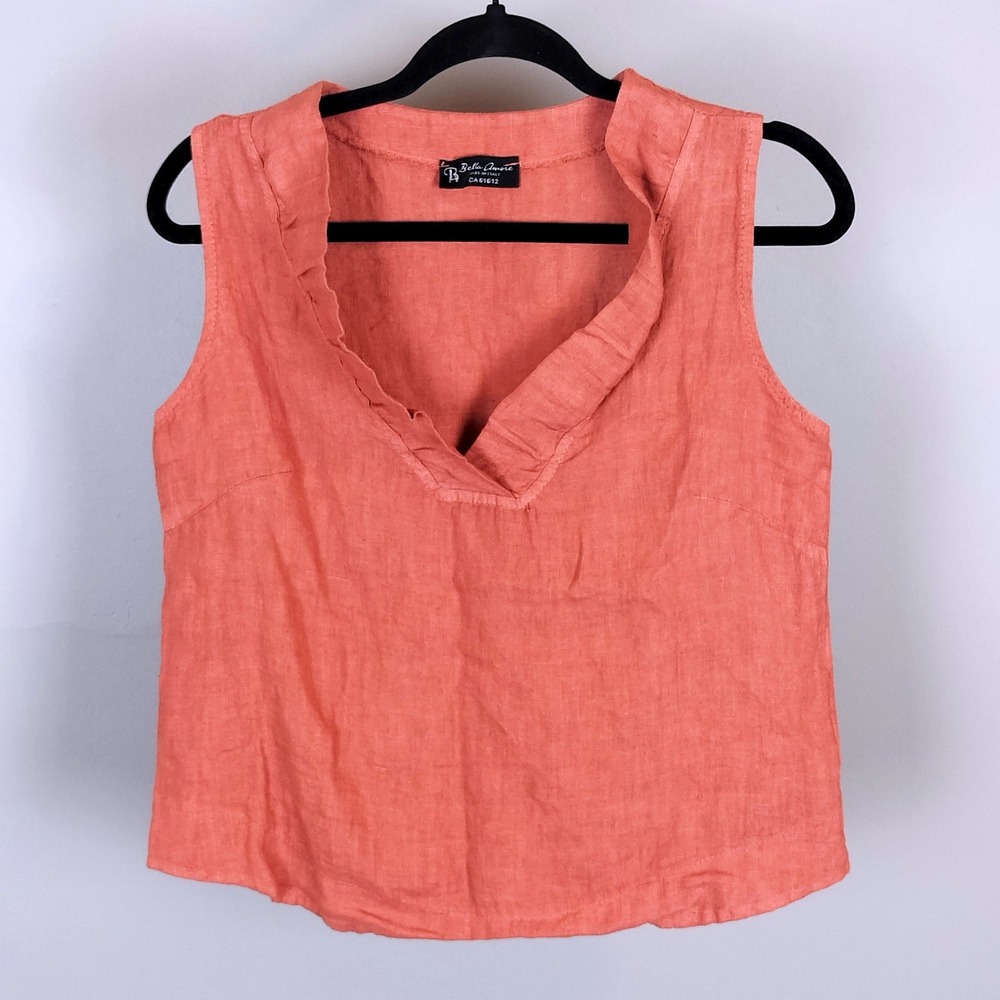Bella Amore 100% Linen Ruffle V-Neck Tank Top Womens S/M Coral Made in Italy‎